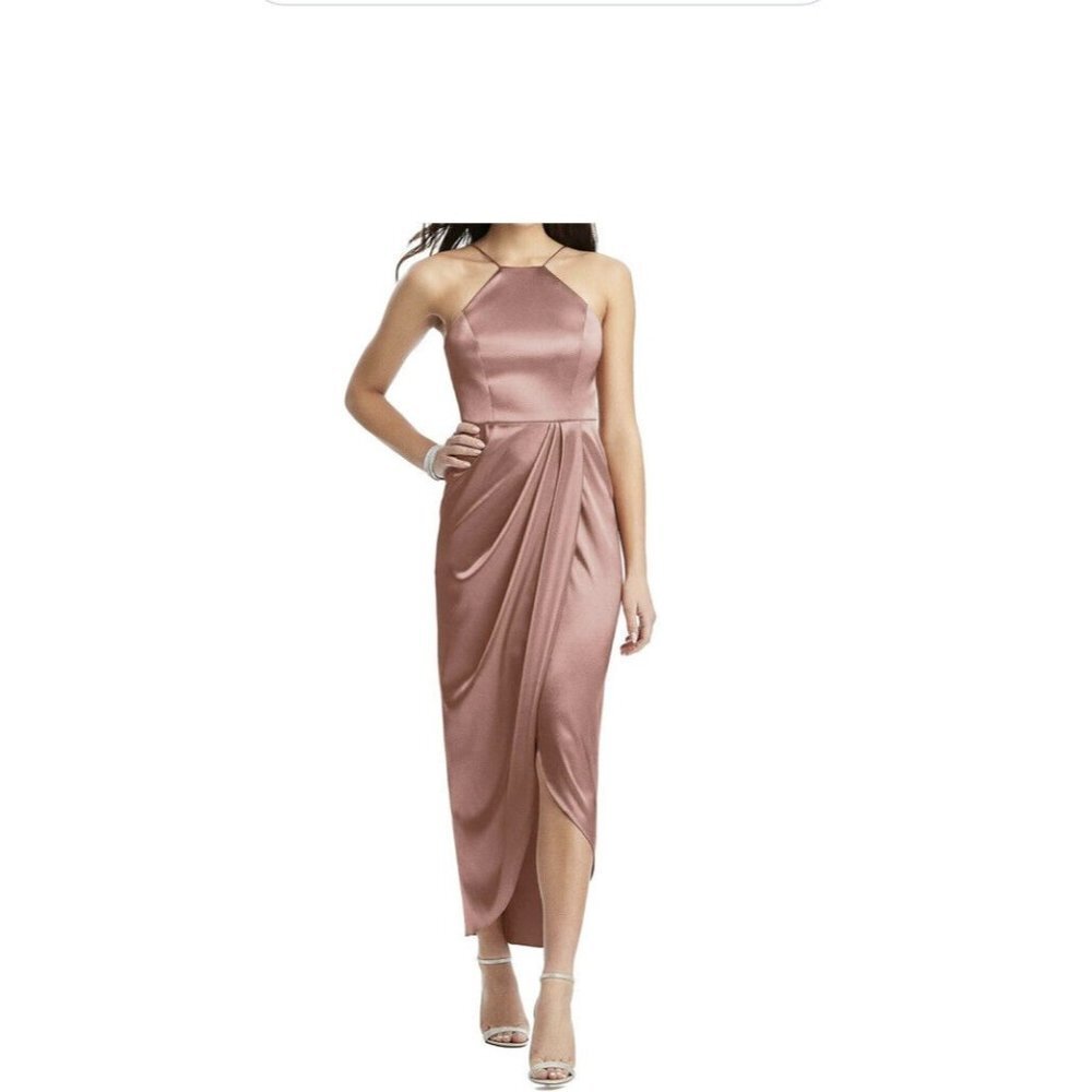 After Six Womens Halter Midi Stretch Draped Tulip Satin Gown Dessert Rose Size 4